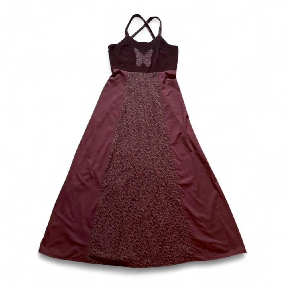 Vintage Butterfly Maxi Dress Women's Size Small Brown Red Corduroy Cotton Boho